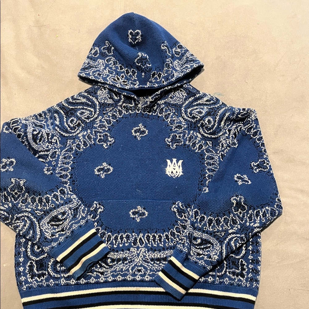 AMIRI Blue and White Textured Knit Hoodie